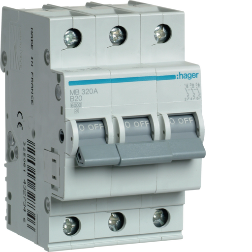 MB320A Hager MB3 Miniature Circuit Breaker 3P B20A 6kA - Gabby Electric