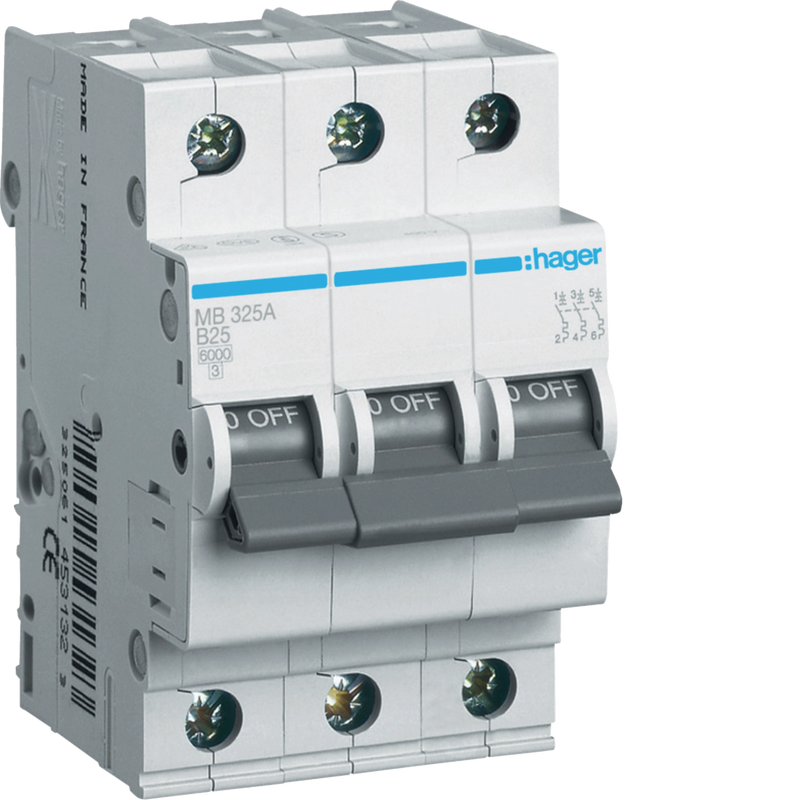 MB325A Hager MB3 Miniature Circuit Breaker 3P B25A 6kA - Gabby Electric