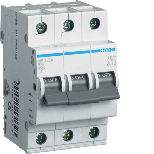 MB325A Hager MB3 Miniature Circuit Breaker 3P B25A 6kA - Gabby Electric