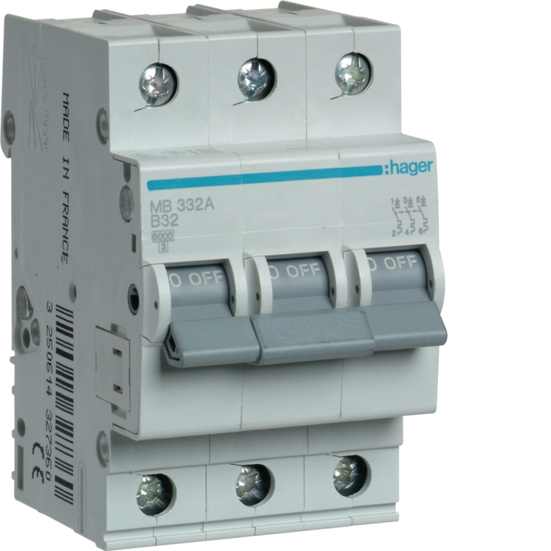 MB332A Hager MB3 Miniature Circuit Breaker 3P B32A 6kA - Gabby Electric
