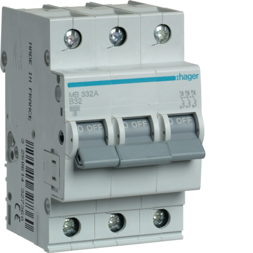 MB332A Hager MB3 Miniature Circuit Breaker 3P B32A 6kA - Gabby Electric