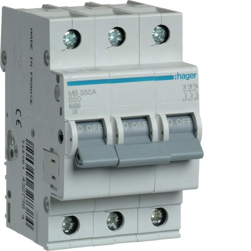 MB350A Hager MB3 Miniature Circuit Breaker 3P B50A 6kA - Gabby Electric