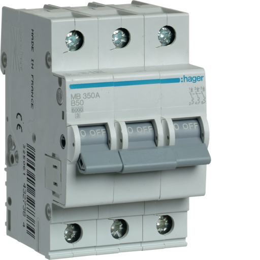 MB350A Hager MB3 Miniature Circuit Breaker 3P B50A 6kA - Gabby Electric