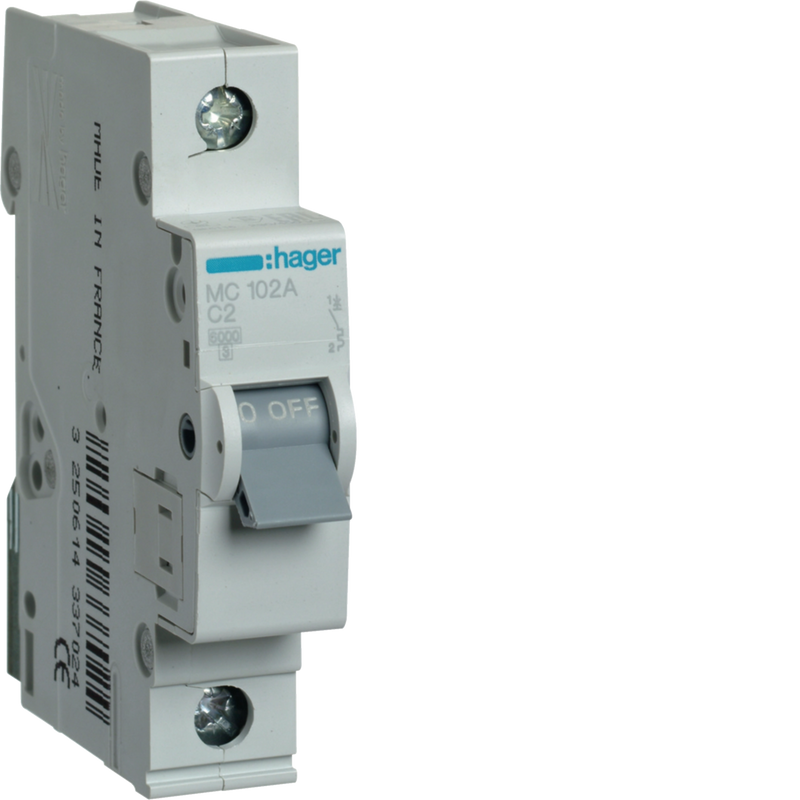 MC102A Hager MC1 Miniature Circuit Breaker 1P C2A 6kA - Gabby Electric