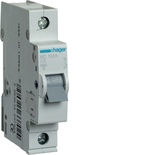 MC102A Hager MC1 Miniature Circuit Breaker 1P C2A 6kA - Gabby Electric