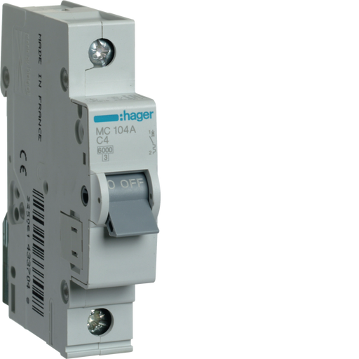 MC104A Hager MC1 Miniature Circuit Breaker 1P C4A 6kA - Gabby Electric