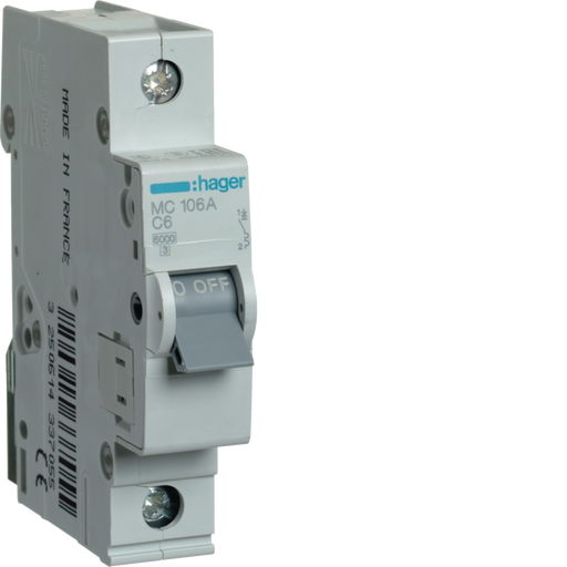 MC106A Hager MC1 Miniature Circuit Breaker 1P C6A 6kA - Gabby Electric