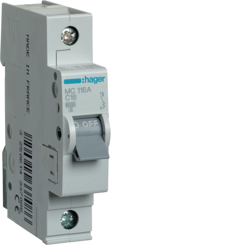 MC116A Hager MC1 Miniature Circuit Breaker 1P C16A 6kA - Gabby Electric