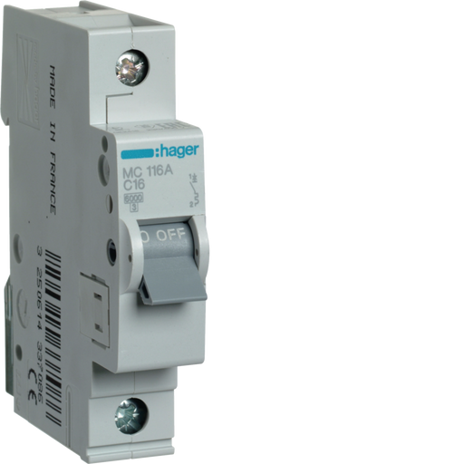 MC116A Hager MC1 Miniature Circuit Breaker 1P C16A 6kA - Gabby Electric