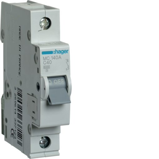 MC140A Hager MC1 Miniature Circuit Breaker 1P C40A 6kA - Gabby Electric