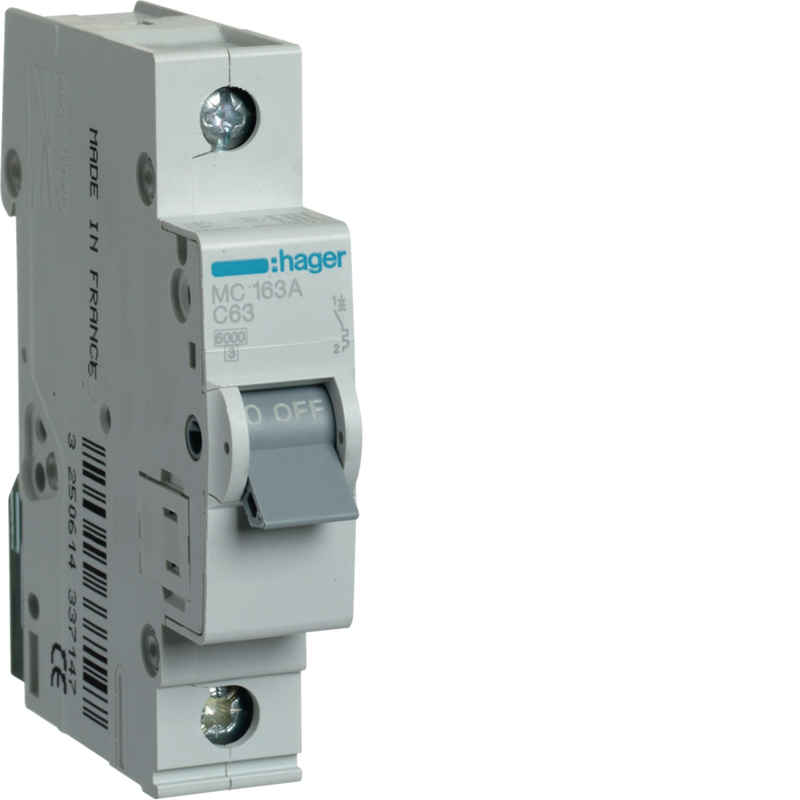 MC163A Hager MC1 Miniature Circuit Breaker 1P C63A 6kA - Gabby Electric