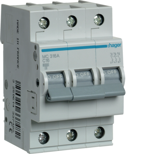 MC313A Hager MC3 Miniature Circuit Breaker 3P C13A 6kA - Gabby Electric