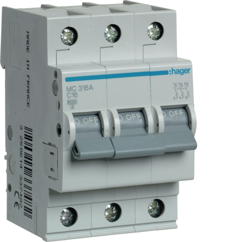 MC316A Hager MC3 Miniature Circuit Breaker 3P C16A 6kA - Gabby Electric