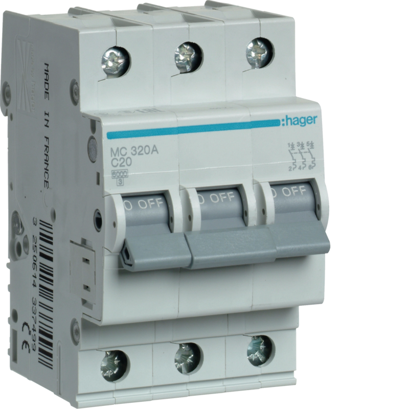 MC320A Hager MC3 Miniature Circuit Breaker 3P C20A 6kA - Gabby Electric