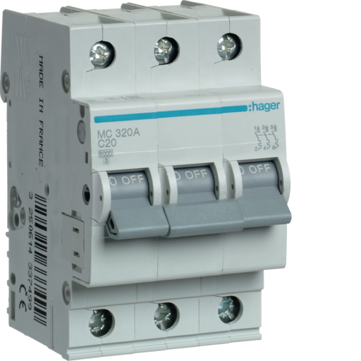 MC320A Hager MC3 Miniature Circuit Breaker 3P C20A 6kA - Gabby Electric