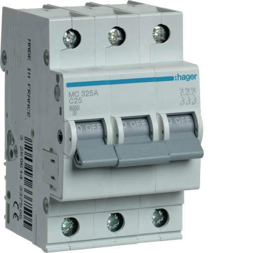 MC325A Hager MC3 Miniature Circuit Breaker 3P C25A 6kA - Gabby Electric