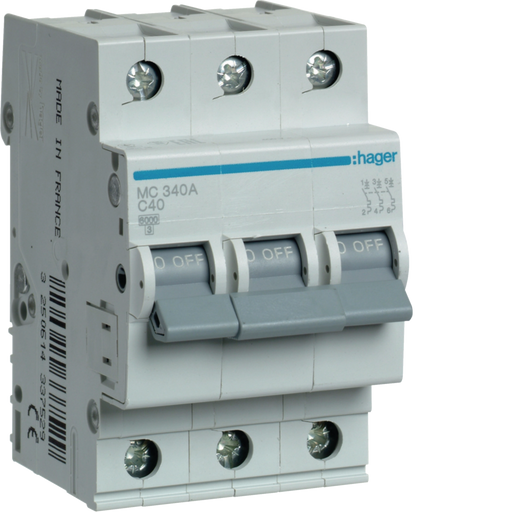 MC340A Hager MC3 Miniature Circuit Breaker 3P C40A 6kA - Gabby Electric
