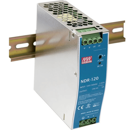 NDR - 120 - 24 Meanwell AC - DC Single Output Industrial DIN Rail Power Supply, Output 24VDC at 5A, Metal Case - Gabby Electric