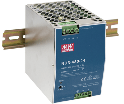 NDR - 480 - 24 Meanwell AC - DC Single Output Industrial DIN Rail Power Supply, Output 24VDC at 20A, Metal Case - Gabby Electric