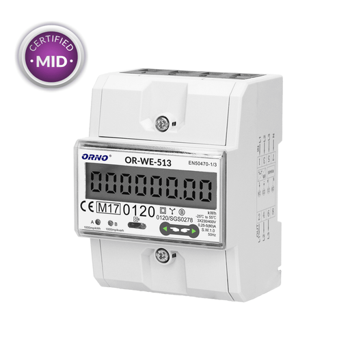 ORNO OR-WE-513 3-Phase Energy Meter 80A MID 4.5 Modules DIN Rail
