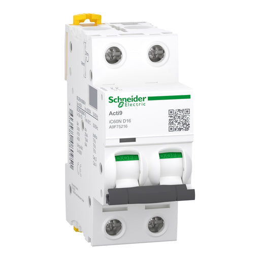Schneider Electric A9F75216 Acti9 iC60N 2P 16A D curve miniature circuit breaker, front view
