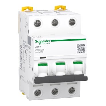 Schneider A9F84350 Miniature Circuit Breaker (MCB), Acti9 iC60H, 3P, 50A, C curv