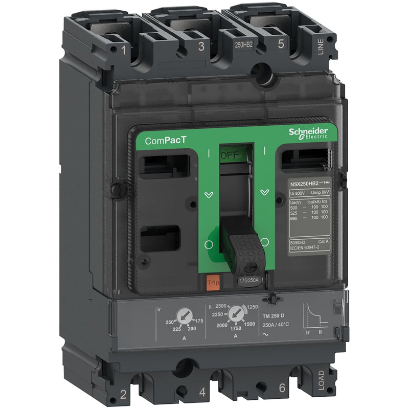 Schneider Electric C25N3TM200 Circuit Breaker, ComPacT NSX250N, 50kA/415VAC, 3 poles, TMD trip unit 200A