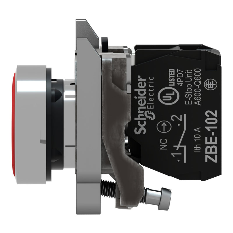 Schneider XB4BA42 Harmony XB4 Push Button side view with ZBE-102 1NC contact block