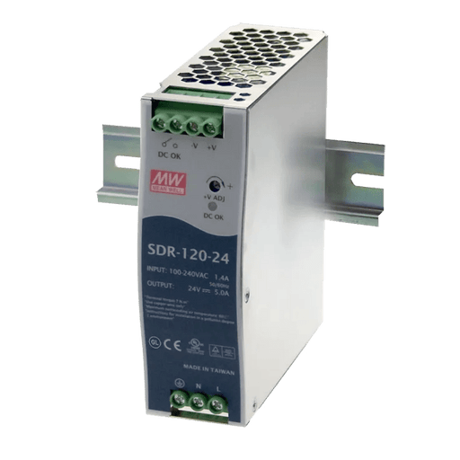 SDR - 120 - 24 Meanwell AC - DC Industrial DIN Rail Power Supply, Output 24VDC at 5A, Metal Case, Ultra Slim Width 40mm - Gabby Electric
