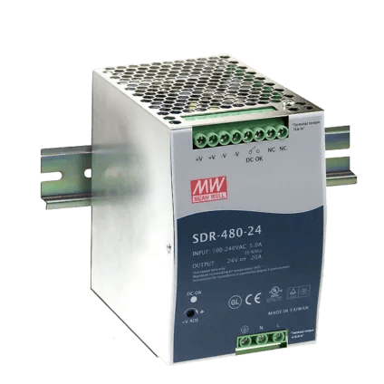 SDR - 480 - 24 Meanwell AC - DC Industrial DIN Rail Power Supply, Output 24VDC at 20A, Metal Case, Ultra Slim Width 85.5mm - Gabby Electric