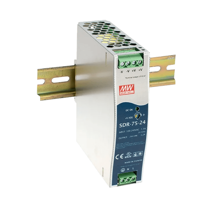 SDR - 75 - 24 Meanwell AC - DC Industrial DIN Rail Power Supply, Output 24VDC at 3.2A, Metal Case - Gabby Electric