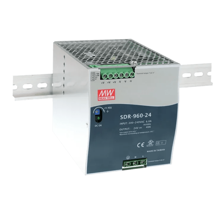 SDR - 960 - 24 Meanwell AC - DC Industrial DIN Rail Power Supply, Output 24VDC at 40A, Metal Case, Ultra Slim Width 110mm, Parallel Function - Gabby Electric