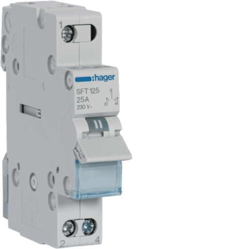 SFT125 Hager Modular Changeover Switch with Top Common Point, 1P 25A 230VAC 50/60Hz - Gabby Electric