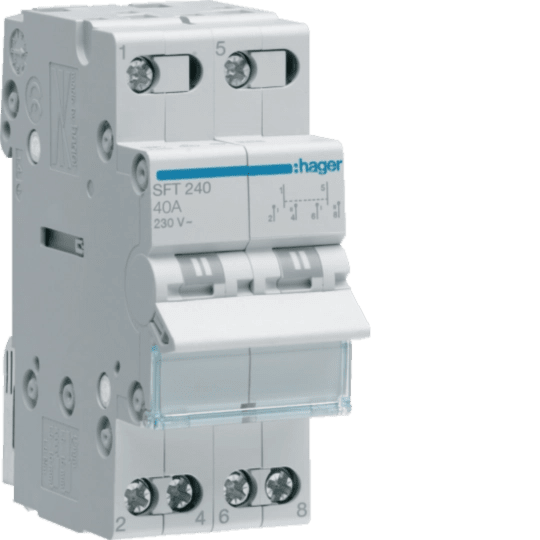 SFT240 Hager Modular Changeover Switch with Top Common Point, 2P 40A 230VAC 50/60 Hz - Gabby Electric