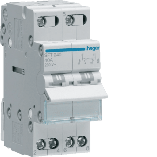 SFT240 Hager Modular Changeover Switch with Top Common Point, 2P 40A 230VAC 50/60 Hz - Gabby Electric