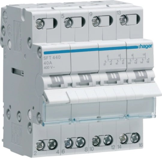 SFT440 Hager Centre Off Modular Changeover Switch with Top Common Point 4P 40A - Gabby Electric