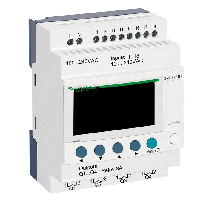 SR2B121FU compact smart relay, Zelio Logic SR2 SR3, 12 IO, 100 to 240V AC, clock, display - Gabby Electric