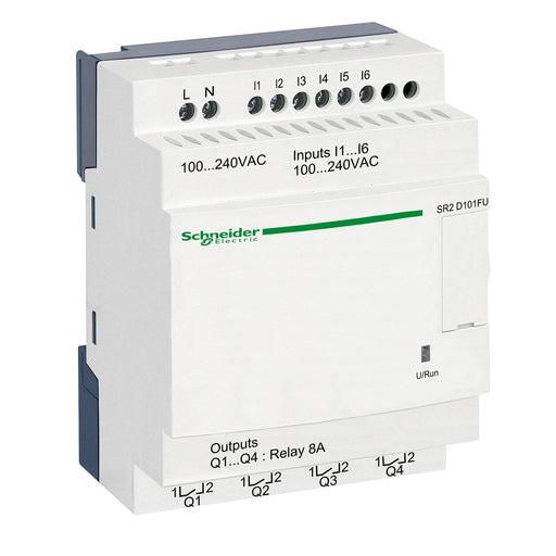 SR2D101FU compact smart relay, Zelio Logic SR2 SR3, 10 IO, 100 to 240V AC, no clock, no display - Gabby Electric