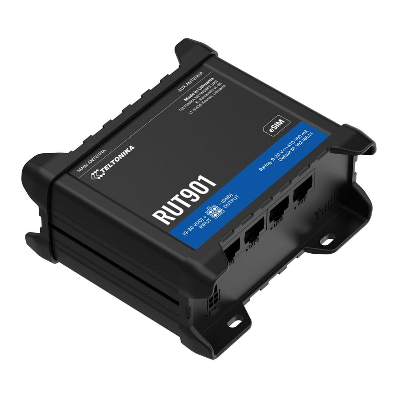 Teltonika RUT901 RUT901000000 4G LTE Cat 4 Dual-SIM Router, angled view