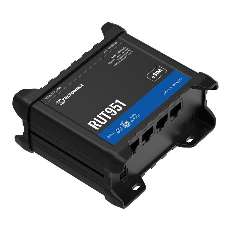 Teltonika RUT951 RUT951000000 4G LTE Cat 4 Dual-SIM Router, angled view