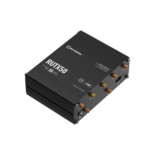 Teltonika RUTX50 RUTX5000AC00 industrial 5G router, angled top view