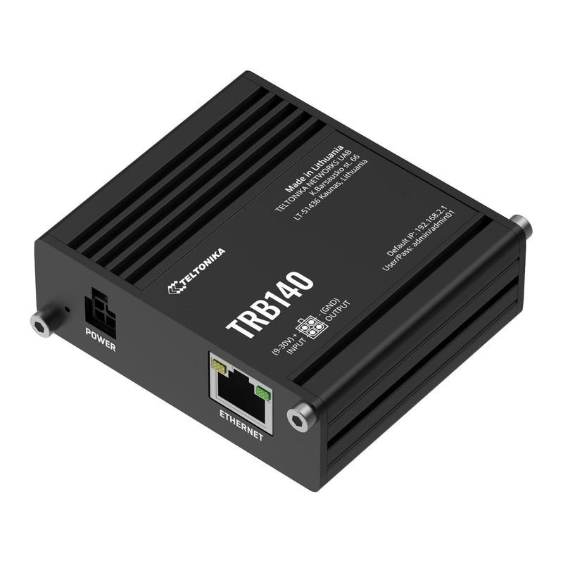 Teltonika TRB140 TRB140003000 4G LTE Cat 4 Industrial Ethernet Gateway, angled view