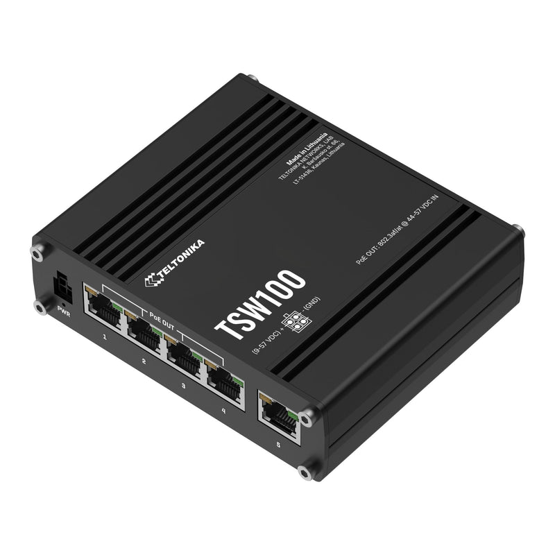 Teltonika TSW100 TSW100010000 PoE+ Switch, angled view