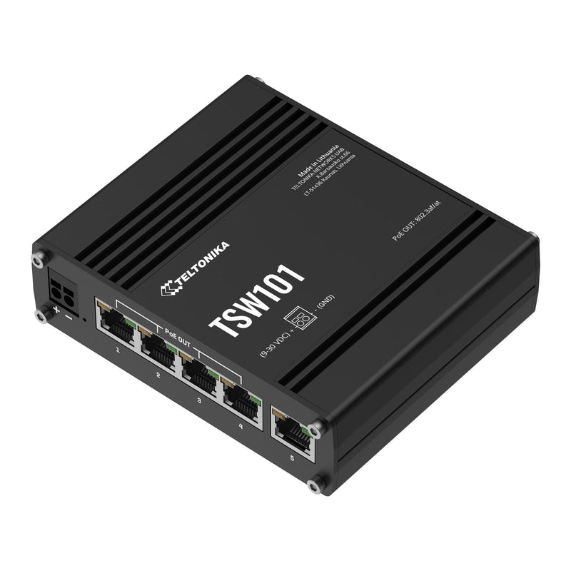 Teltonika TSW101 TSW101000000 Automotive PoE+ Switch, angled view