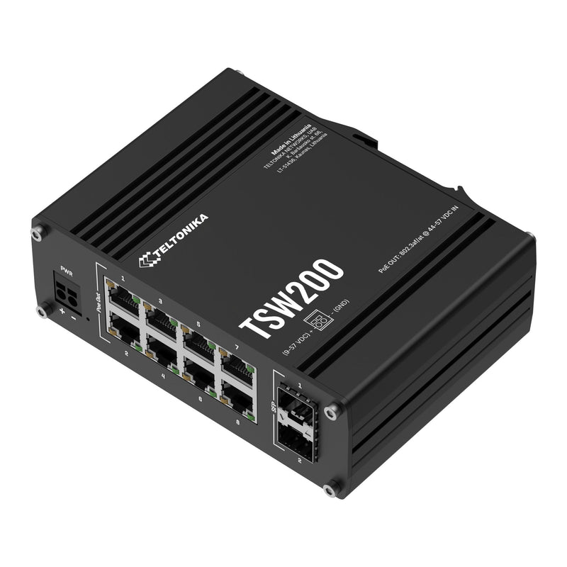 Teltonika TSW200 TSW2000000B0 PoE+ Switch, angled view