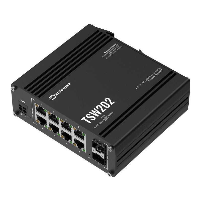 Teltonika TSW202 TSW202000000 Managed PoE+ Switch, angled view