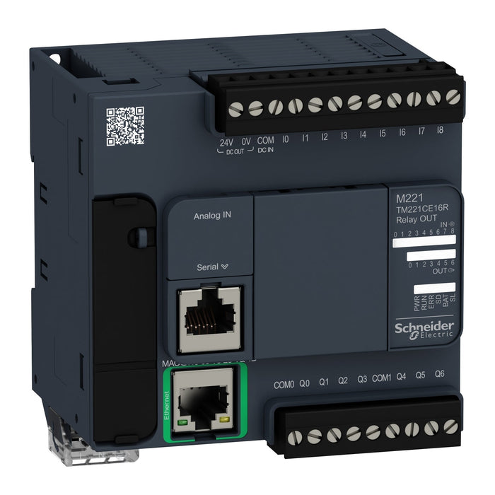 TM221CE16R logic controller, Modicon M221, 16 IO, 9 DI, 7 DO, relay, Ethernet - Gabby Electric