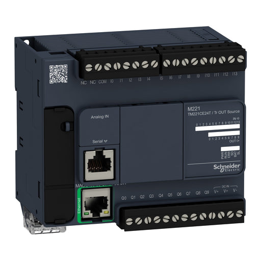 TM221CE24T logic controller, Modicon M221, 24 IO, transistor, PNP, Ethernet - Gabby Electric