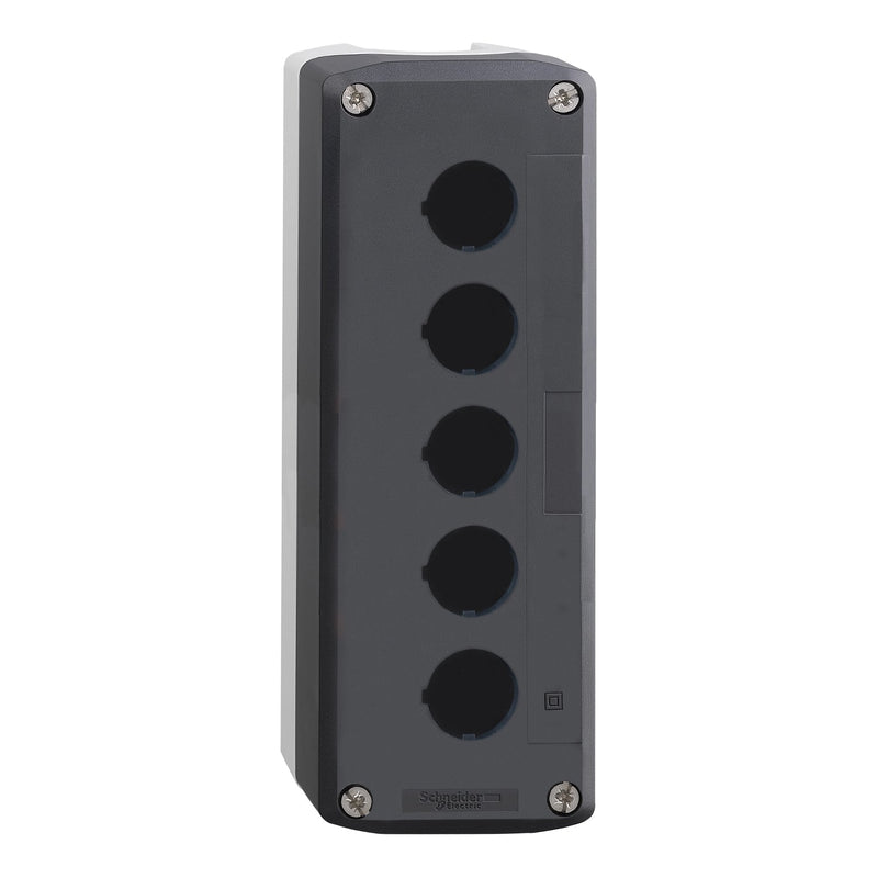 XALD05 Empty enclosure, Harmony XALD, XALK, plastic, dark grey lid, for push button 22mm, 5 cut outs - Gabby Electric