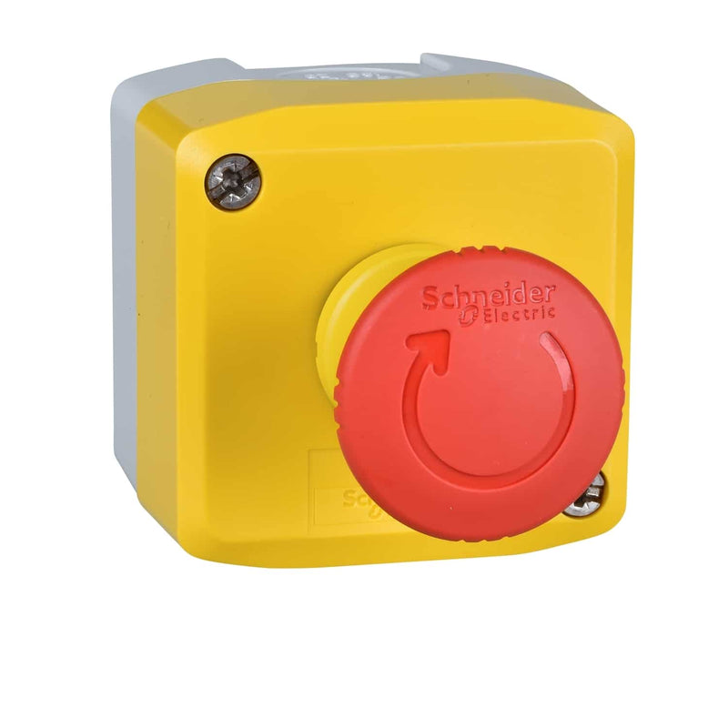 XALK178 Control station, Harmony XALD, XALK, plastic, yellow lid, 1 red mushroom push button 40mm, turn to release, 1NC - Gabby Electric